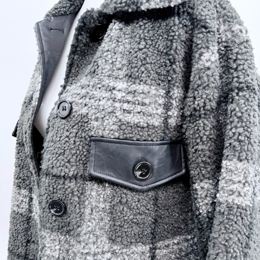 NVLT Plaid Faux Leather Trim Berber Sherpa Teddy Shacket Coat NWOT - Picture 6 of 12